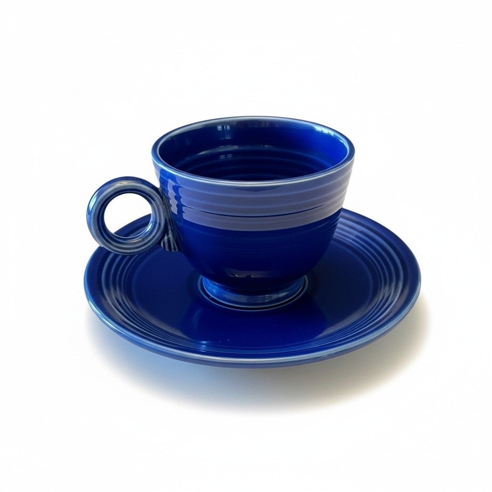 Fiesta Stunning Cobalt Blue Tea Cup and Saucer Set Ring Handle Ceramic Stoneware